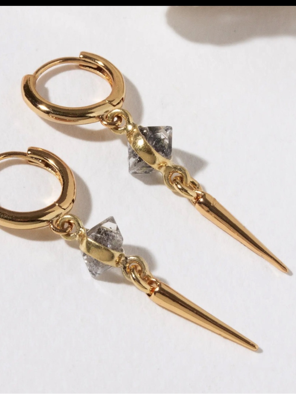 Gold Hoop Earrings with Clear Crystal and Spike Drop